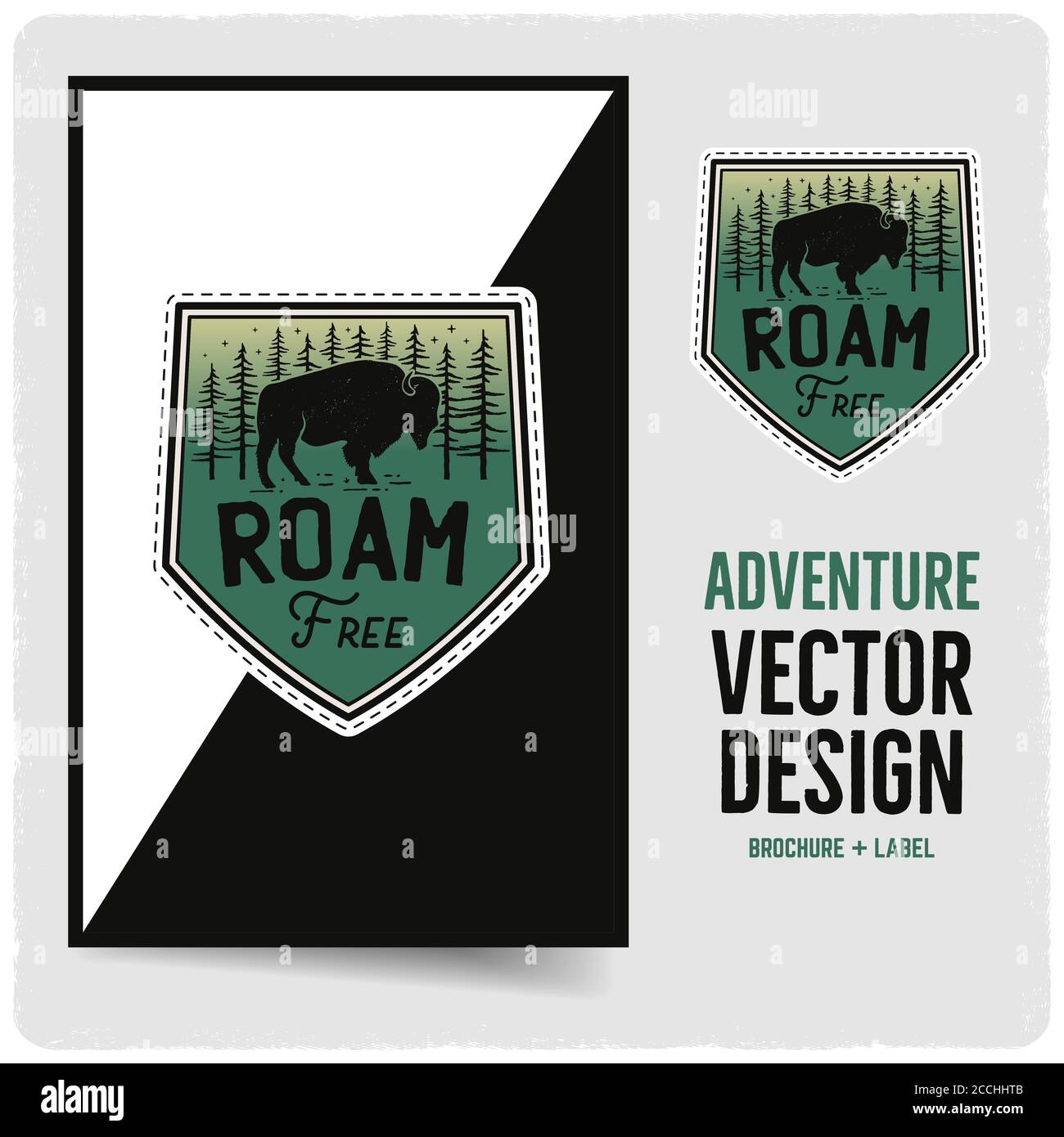 Logo vintage Roam Free e disegno illustrativo della brochure. Emblema da viaggio con testo. Patch insolito stile avventura hipster. Vettore stock Illustrazione Vettoriale