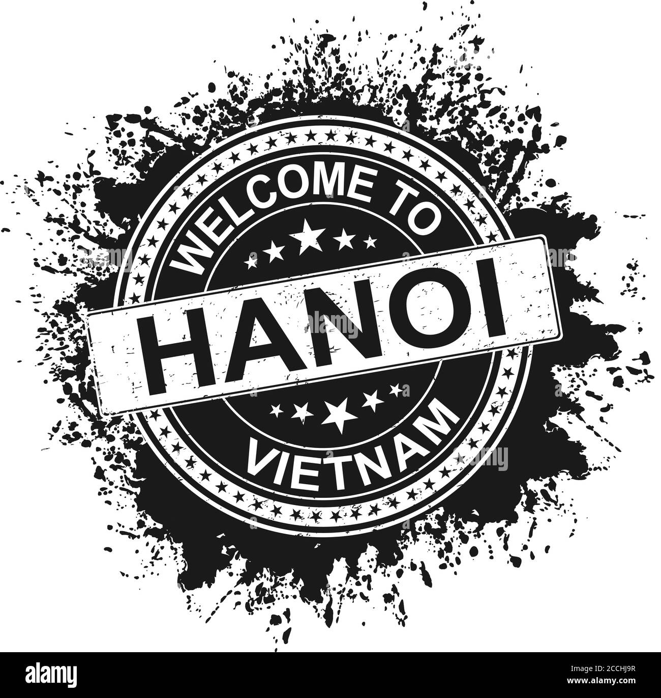 Benvenuti ad Hanoi. Francobollo. Splash su sfondo bianco Illustrazione Vettoriale