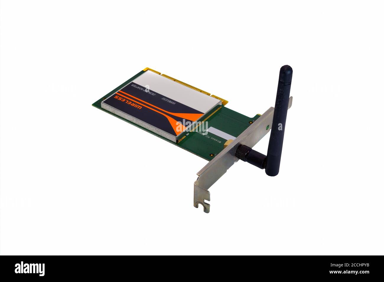 Isolamento dell'adattatore PCI wireless su sfondo bianco in primo piano. Foto Stock