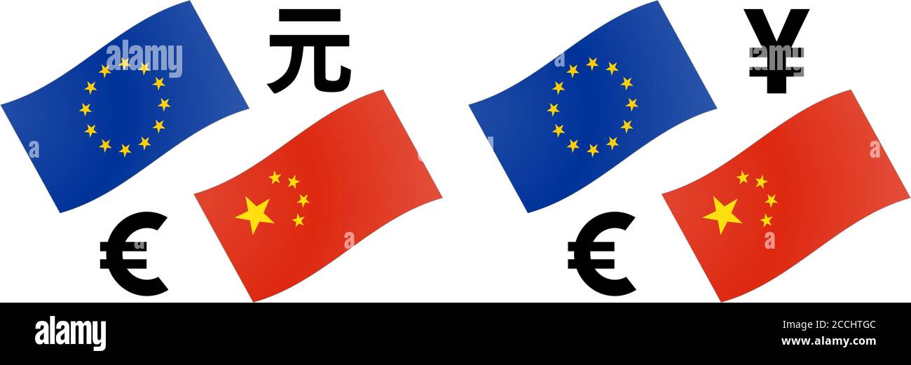 Illustrazione vettoriale coppia di valute forex EURCNY. Bandiera dell'UE e della Cina, con simbolo euro e renminbi/yuan. Illustrazione Vettoriale
