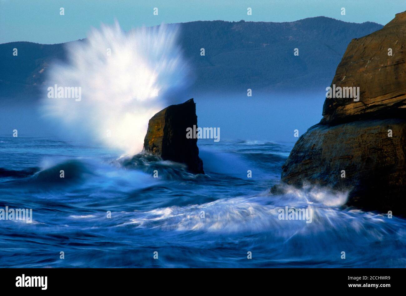 Costa rocciosa dipinta e circondata da onde a Capo Kiwanda Sulla costa dell'Oregon Foto Stock