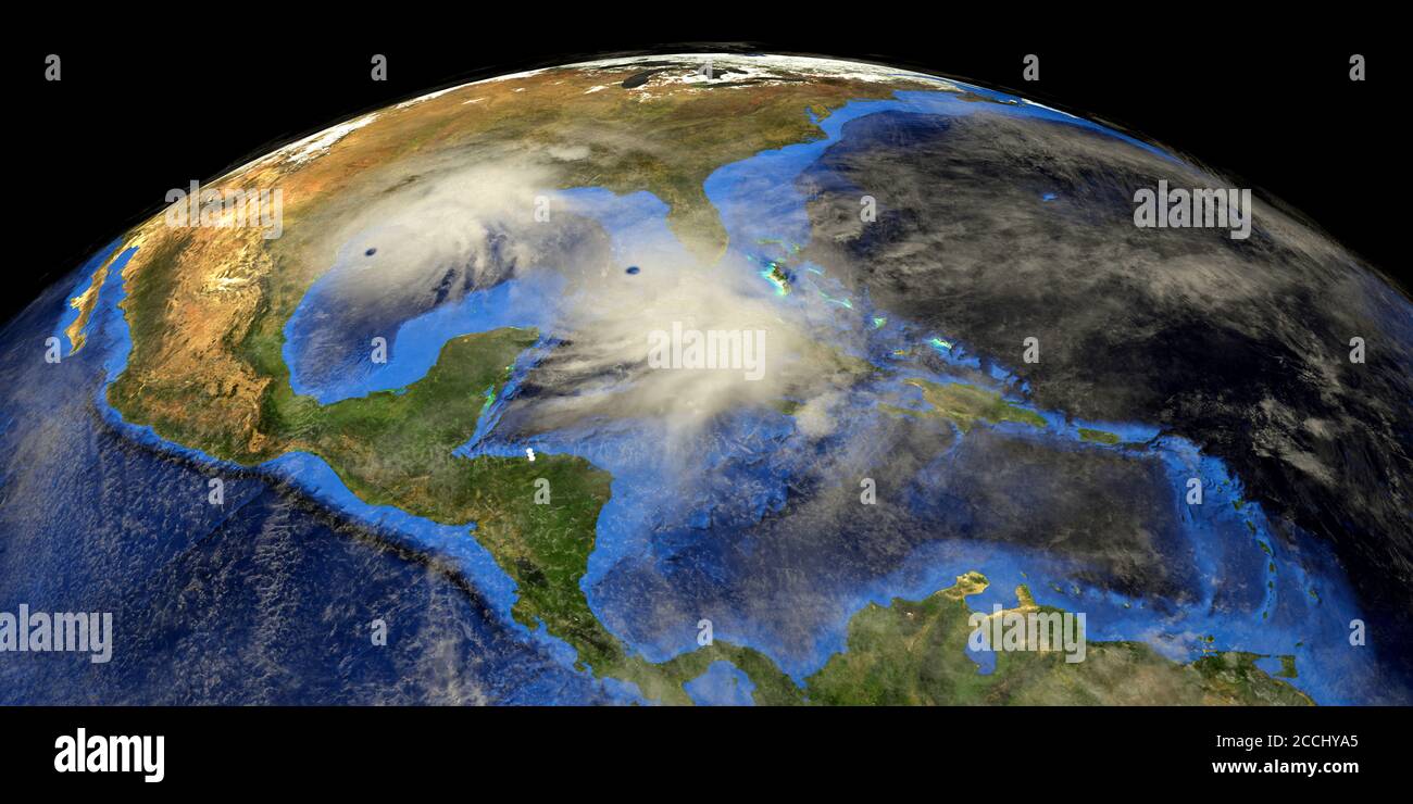 L'uragano Marco e Laura si avvicinano agli Stati Uniti. Terra dallo spazio. Gli elementi di questa illustrazione 3d sono forniti dalla NASA. Foto Stock