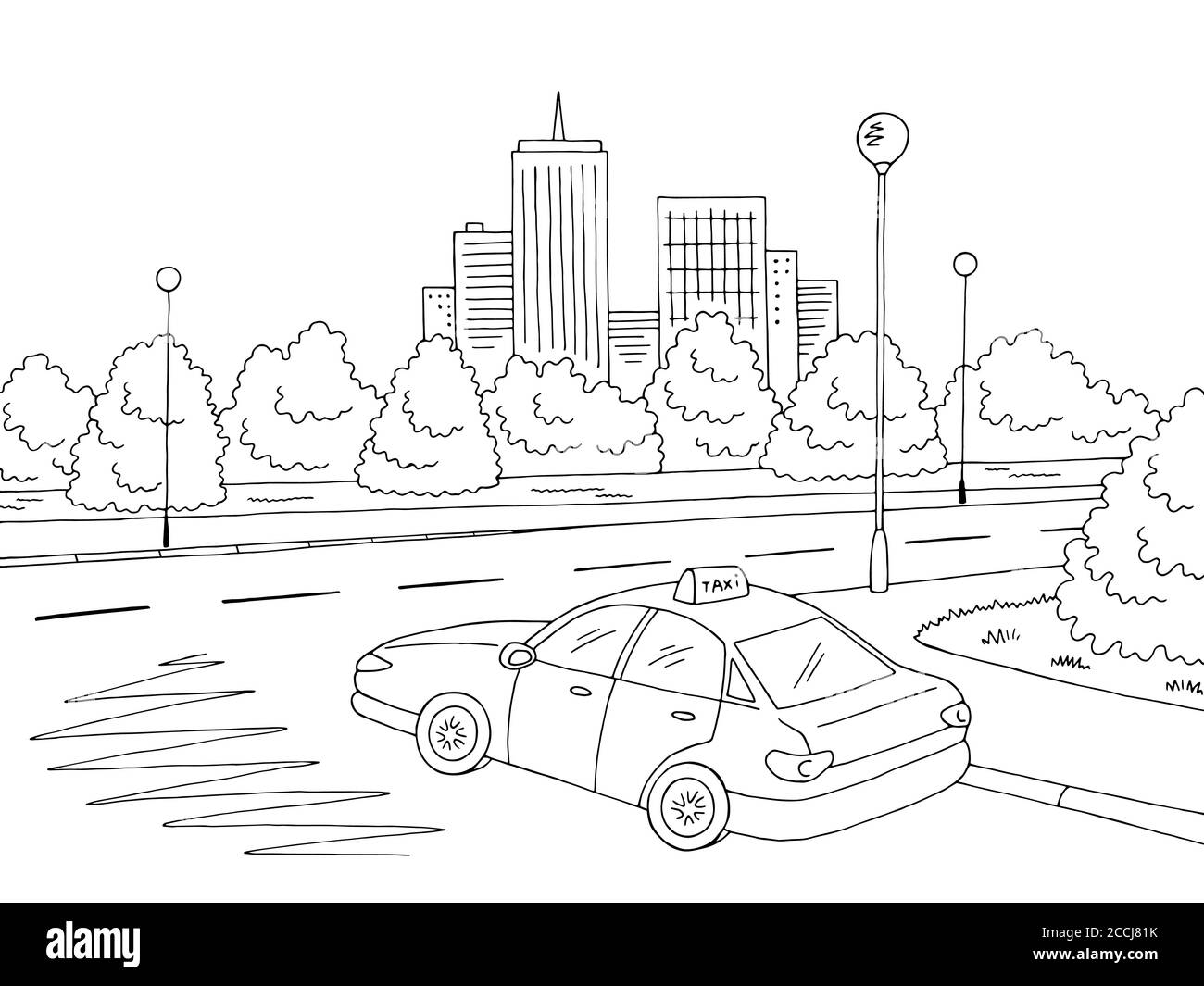 Street Road grafico nero bianco città disegno paesaggio vettore illustrazione. Taxi auto Illustrazione Vettoriale