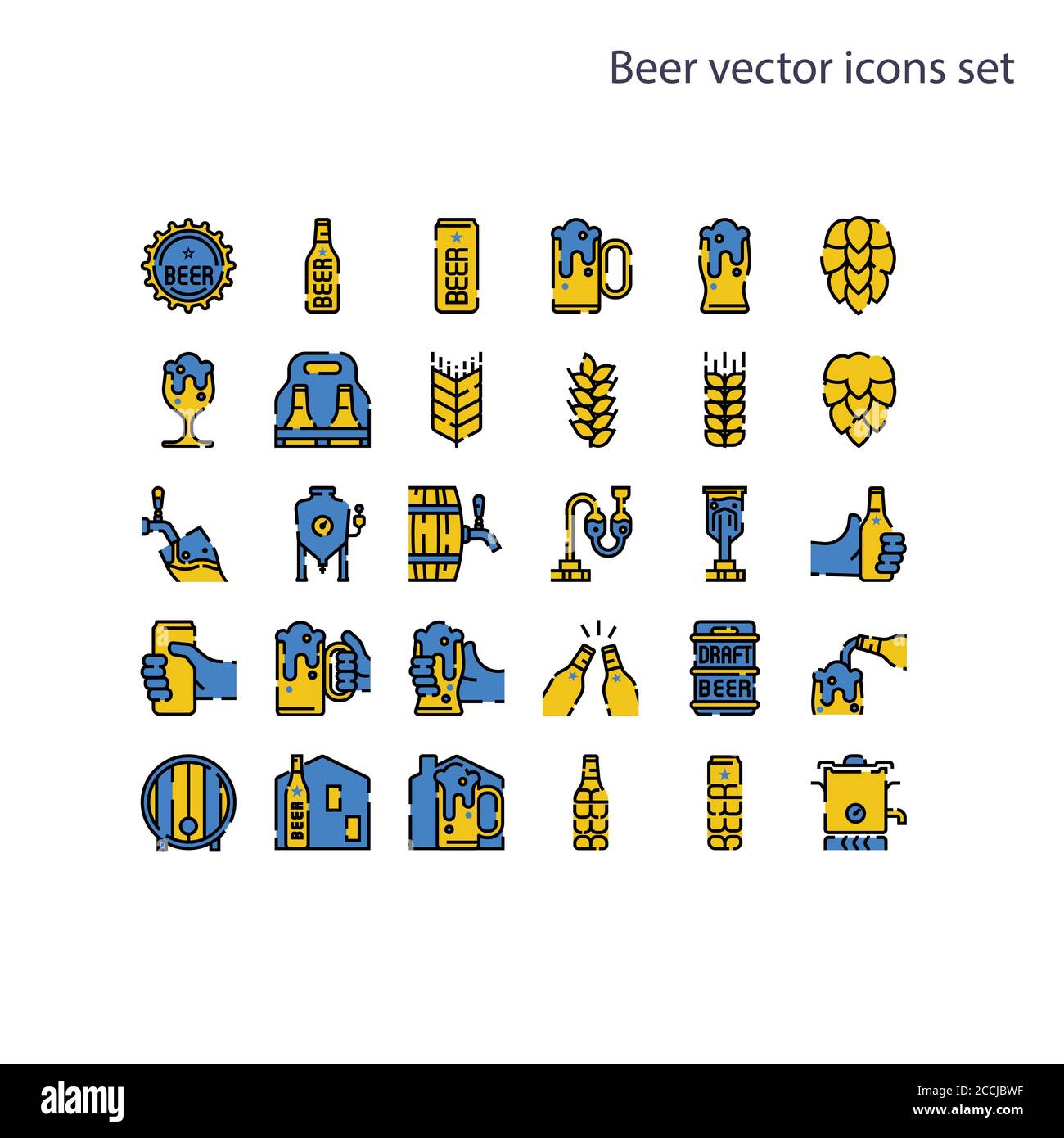 Elemento di base delle icone vettoriali della birra set.contiene una bottiglia, una lattina, un segno di luppolo, orzo e grano, serbatoio di fermentazione, caldaia, barile di birra alla spina, processo di birra, un Illustrazione Vettoriale