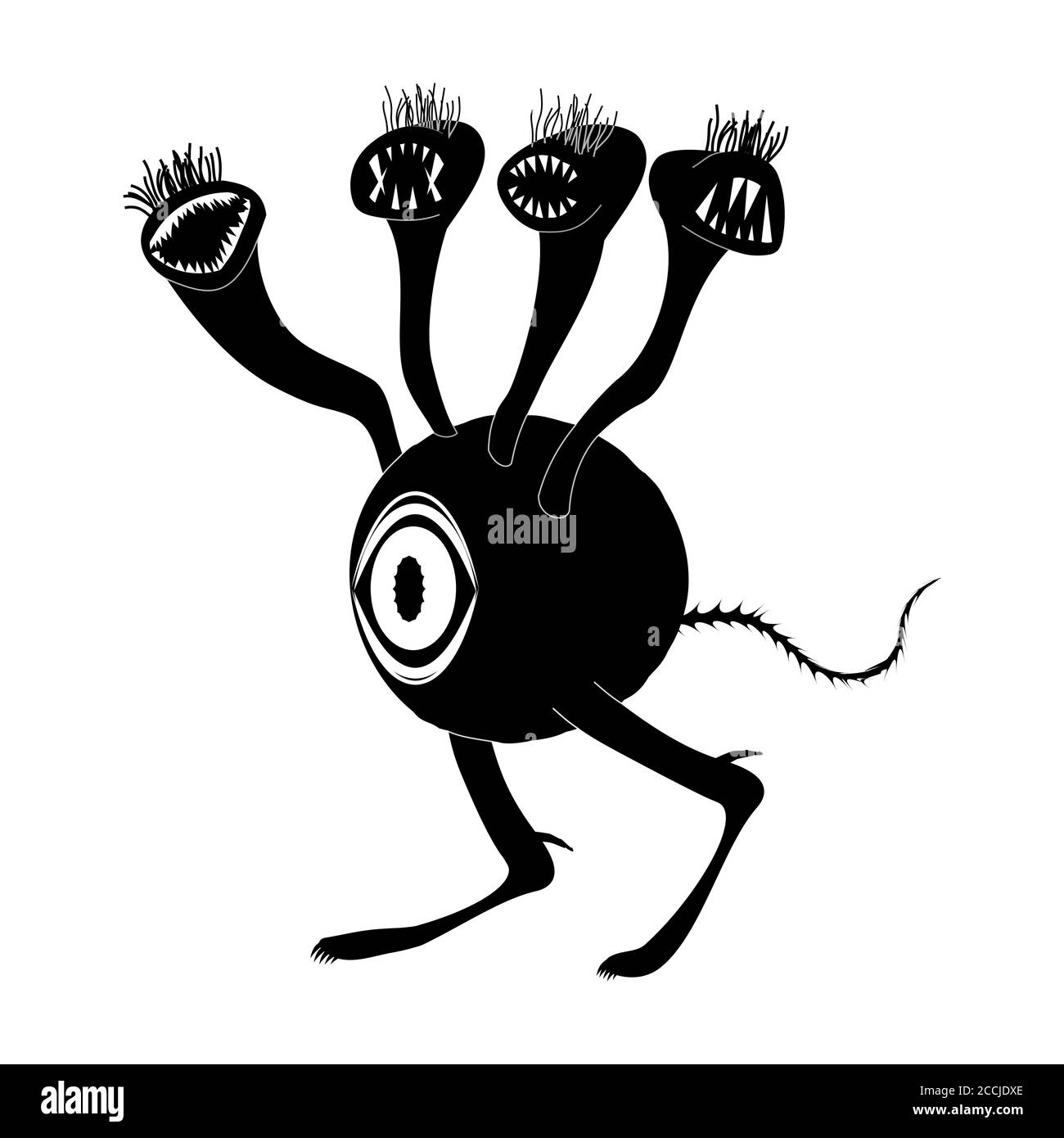 Un concetto di una creatura aliena con un occhio grande e molte teste toothy. Critter cammina su due gambe. Immagine silhouette. Vettore isolato su un backgro bianco Illustrazione Vettoriale