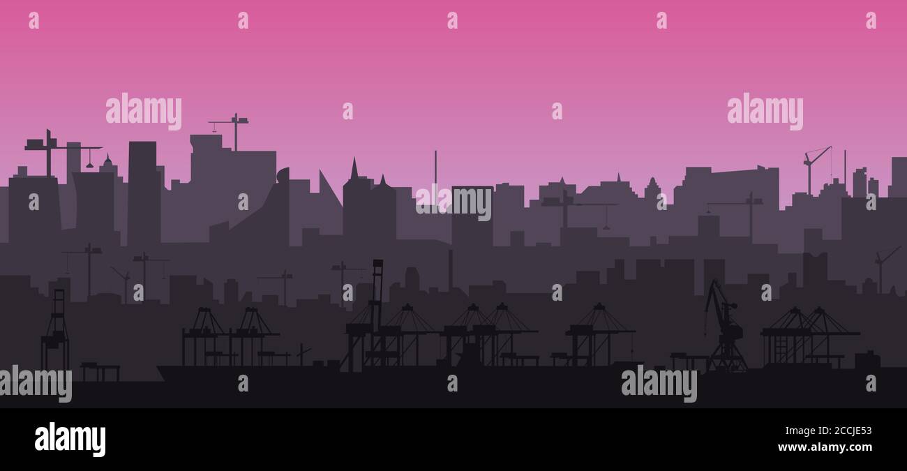 Profilo dello skyline della città in stile piatto al tramonto rosa. Moderno paesaggio urbano e porto di carico con gru. Strati per parallasse. Vettore EPS10. Illustrazione Vettoriale