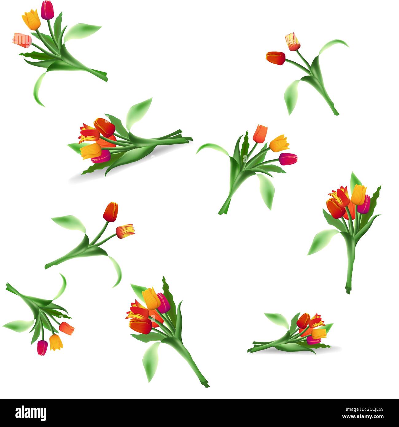 Motivo floreale senza cuciture di bouquet di tulipani realistici. Fiori luminosi in fiore. Boccioli rossi, gialli e viola. Vettore. Illustrazione Vettoriale