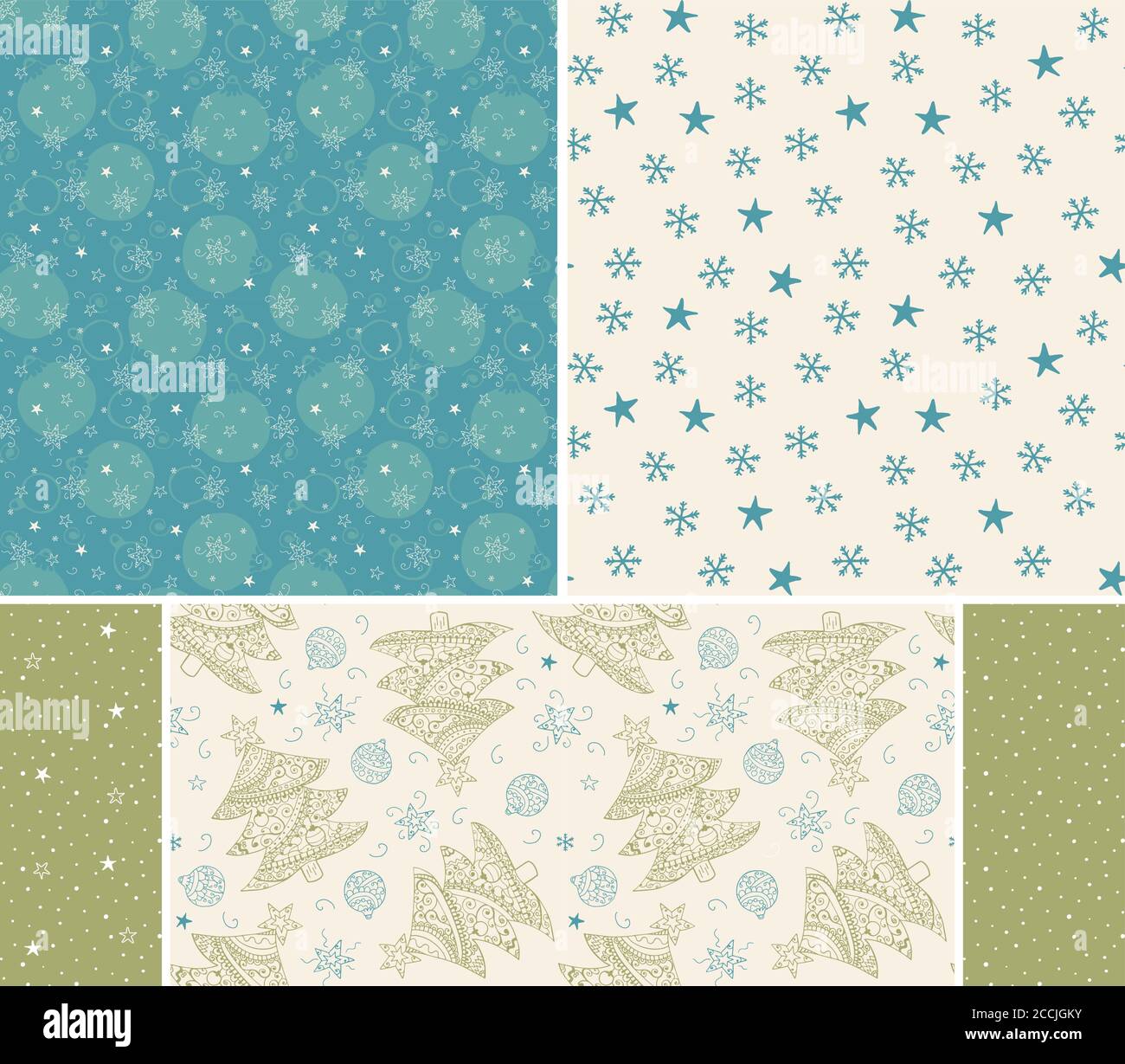 Albero di Natale, palle, stelle disegnate a mano disegni senza giunture. Colori pastello blu verde. Set di modelli per schede, tessuto, carta da imballaggio. Linee irregolari Illustrazione Vettoriale