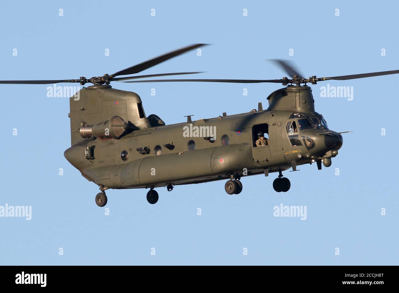RAF Chinook elicottero pesante in avvicinamento al campo d'aviazione di Wattisham. Foto Stock