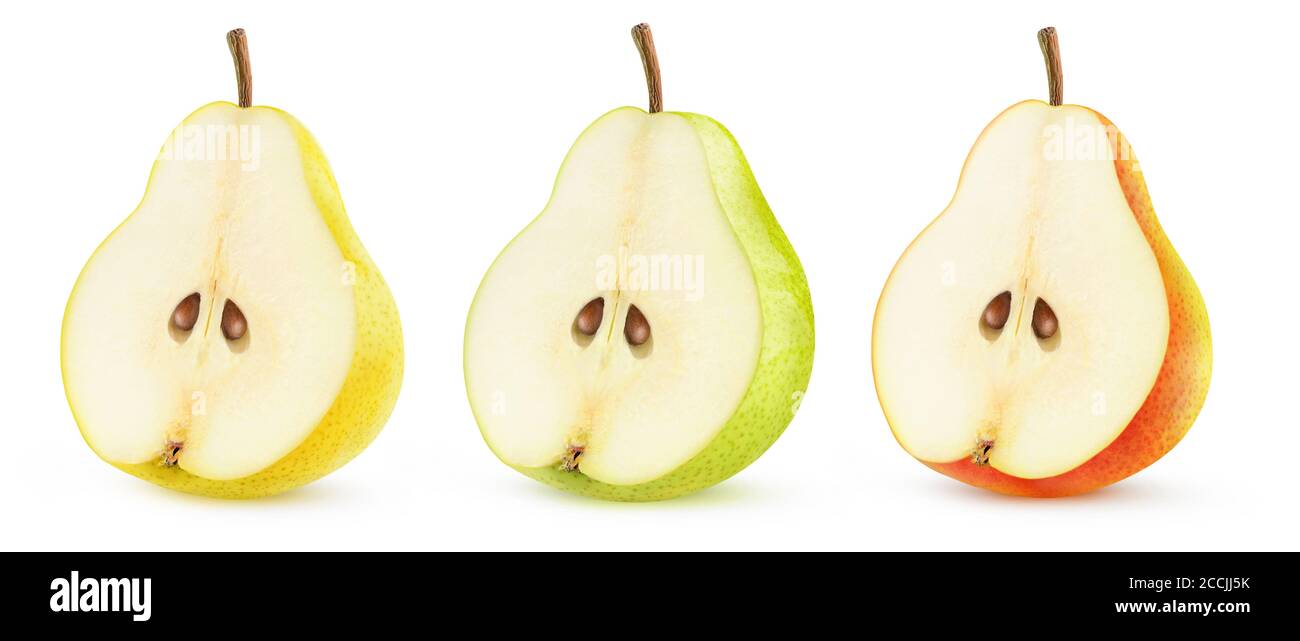 Metà isolata di frutta di pera. Metà di pera gialla, verde e rossa in fila isolata su sfondo bianco Foto Stock