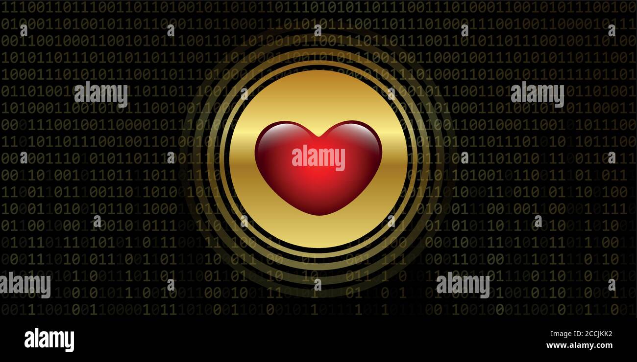 Cuore digitale su golden codice binario background online dating concetto illustrazione vettoriale EPS10 Illustrazione Vettoriale