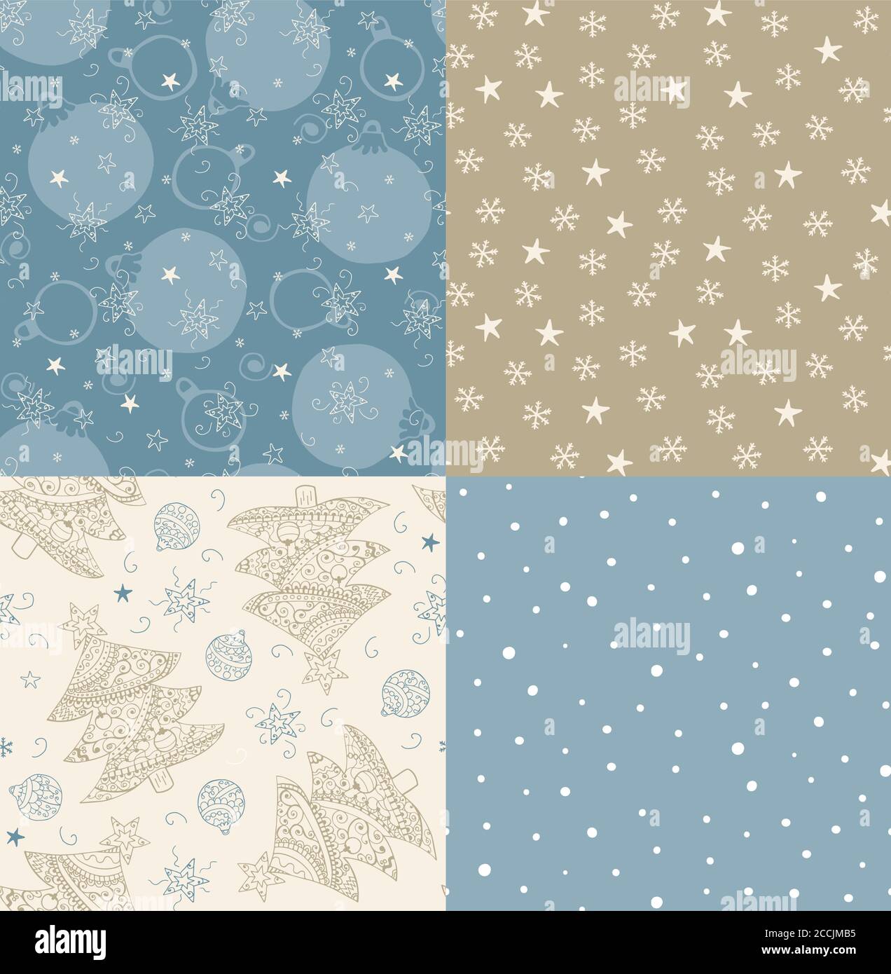 Albero di Natale, palle, stelle disegnate a mano disegni senza giunture. Blu beige colori pastello. Set di modelli per schede, tessuto, carta da imballaggio. Linee irregolari Illustrazione Vettoriale