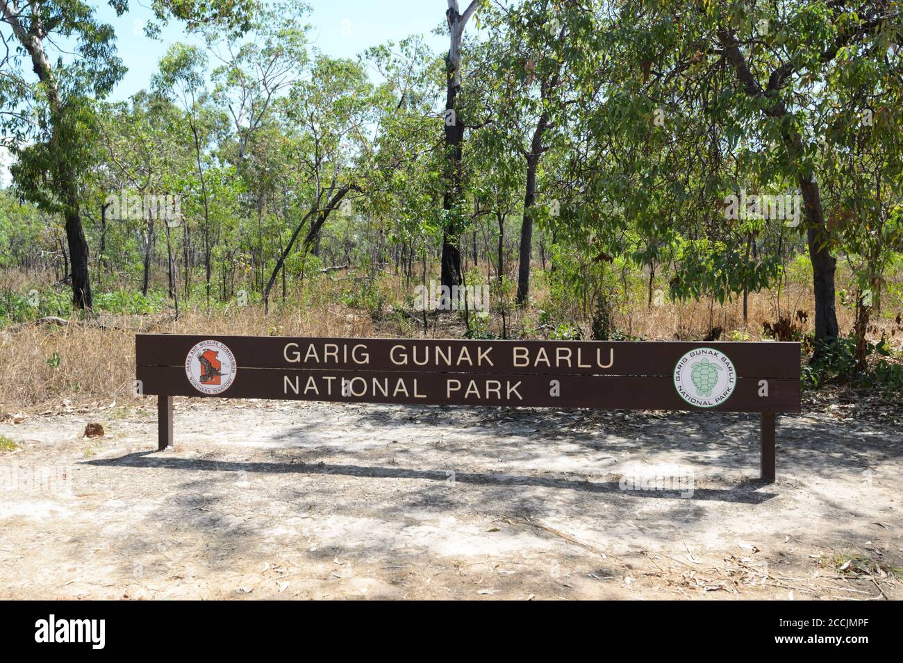 Nome segno per Garig Gunak Barlu National Park nella remota Penisola di Cobourg, Arnhem Land, Northern Territory, NT, Australia Foto Stock