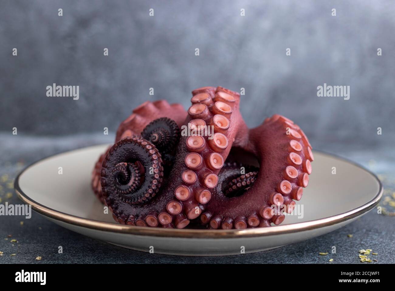 Deliziosi tentacoli di polpo serviti su un piatto raffinato Foto Stock