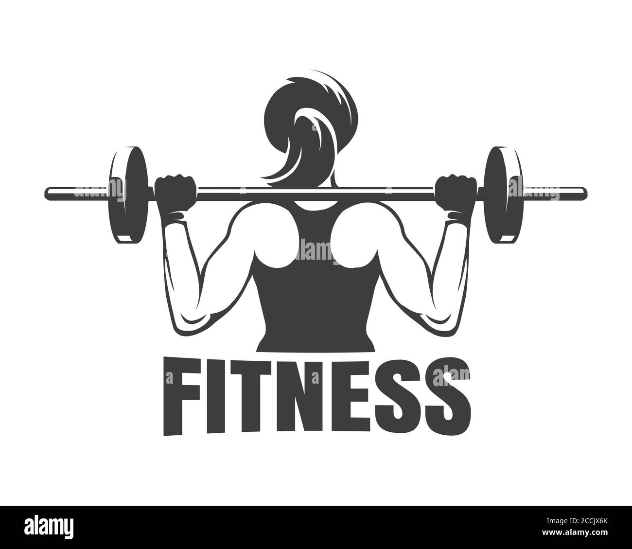 Emblema del Fitness Club. Donna di addestramento con barbell. Illustrazione vettoriale. Illustrazione Vettoriale