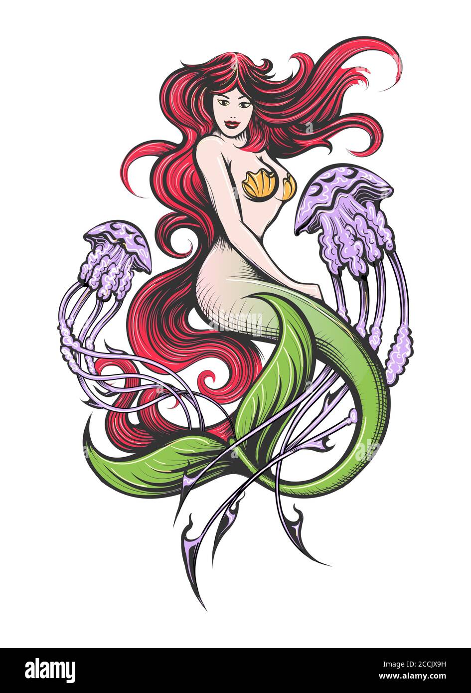 Sirena con capelli rossi lunghi con due tatuaggi di meduse viola. Illustrazione vettoriale. Illustrazione Vettoriale