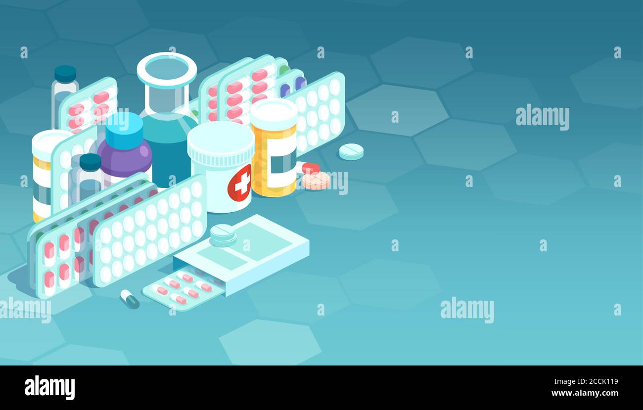 Vettore di vari farmaci, pillole, capsule, flaconi di vetro con medicina liquida. Set di farmaci e supplementi Illustrazione Vettoriale