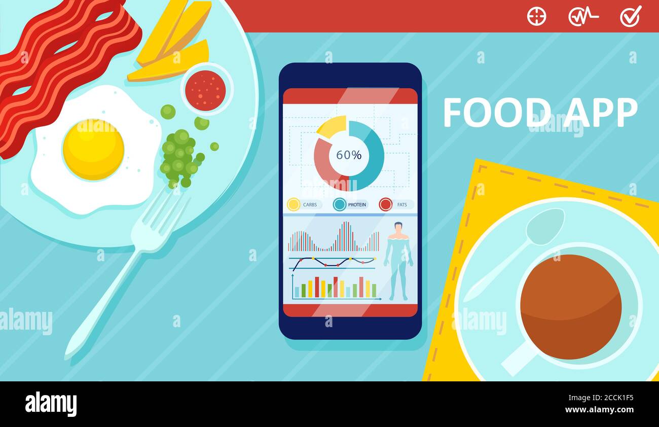 vettore di un piatto di cibo e smartphone con calorie giornaliere applicazione di calcolo Illustrazione Vettoriale