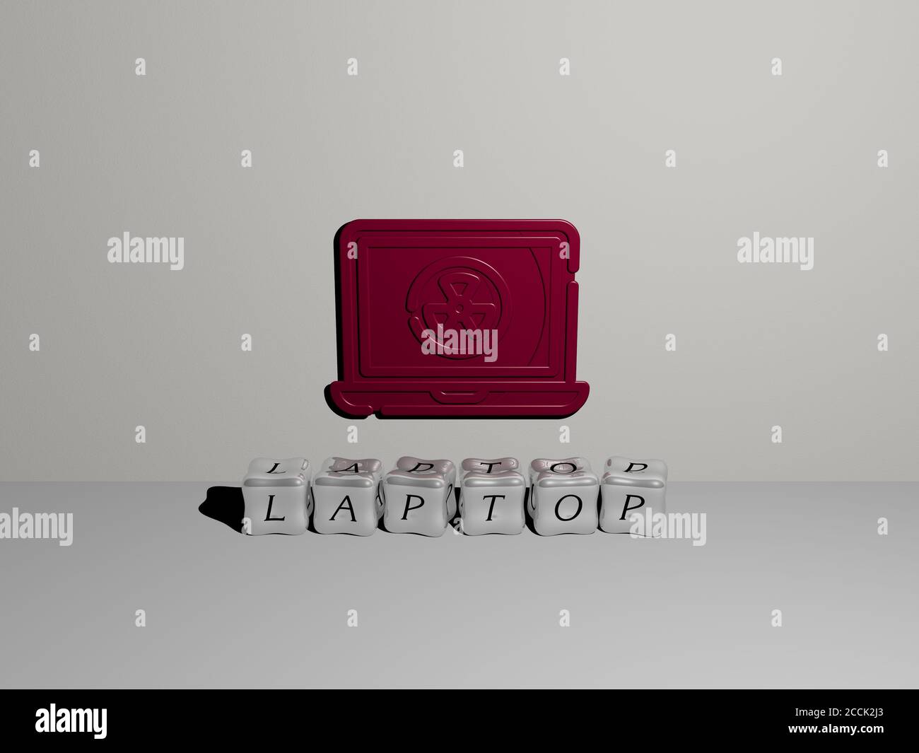 ICONA 3D DEL LAPTOP sulla parete e lettere cubiche sul pavimento, illustrazione 3D Foto Stock