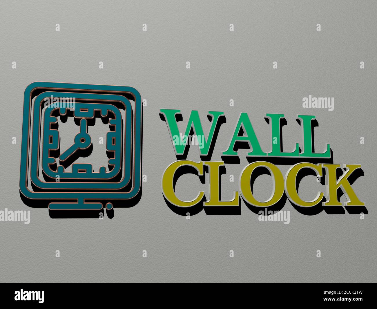 Immagine grafica 3D dell'orologio da parete in verticale insieme al testo costruito da lettere cubiche metalliche dalla prospettiva superiore, eccellente per la presentazione concettuale e le presentazioni, illustrazione 3D Foto Stock