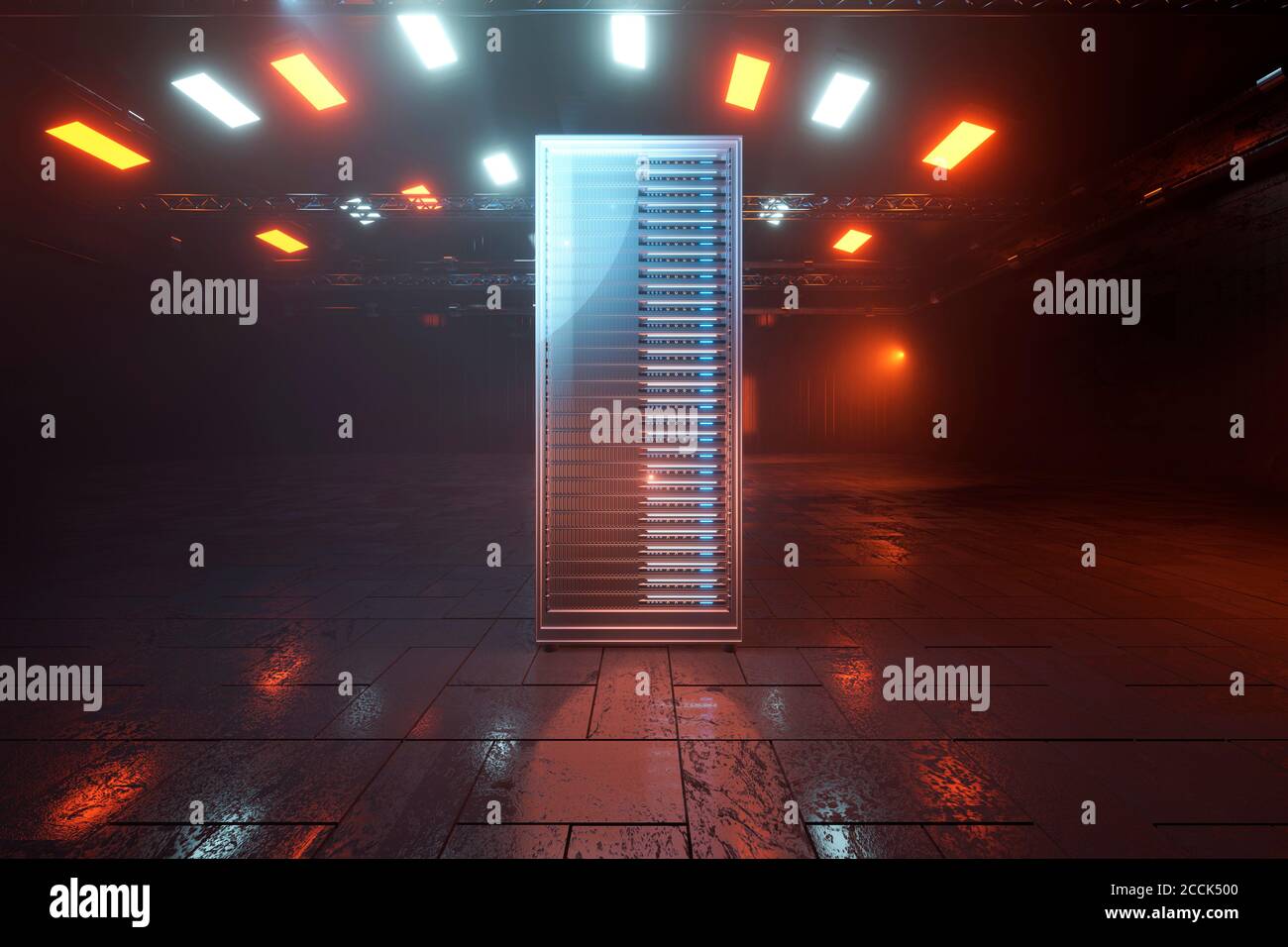 Rendering tridimensionale di server web oscuri in ambiente industriale Foto Stock