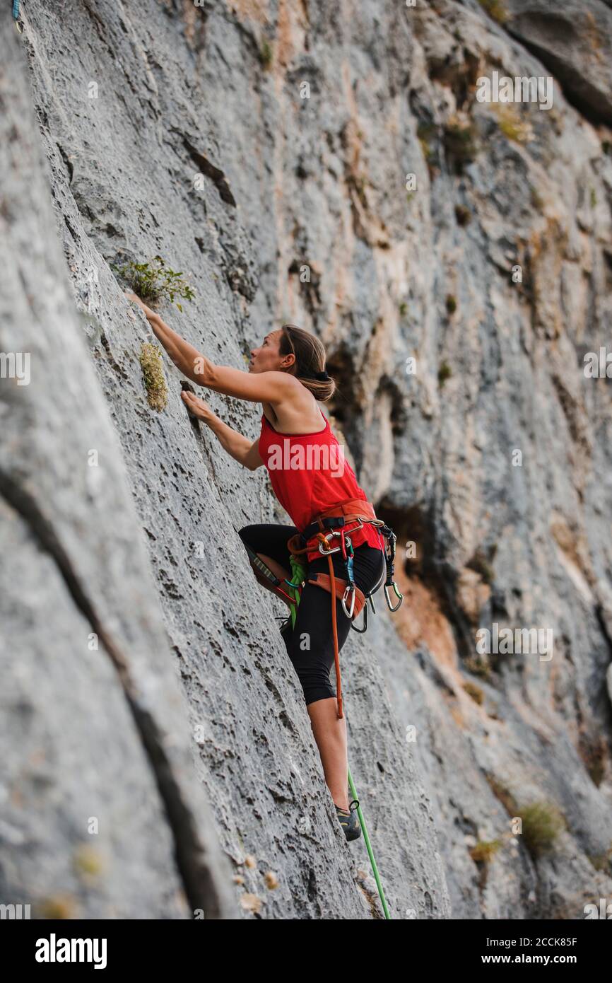 Determinato scalatore femmina che arrampica montagna rocciosa Foto Stock