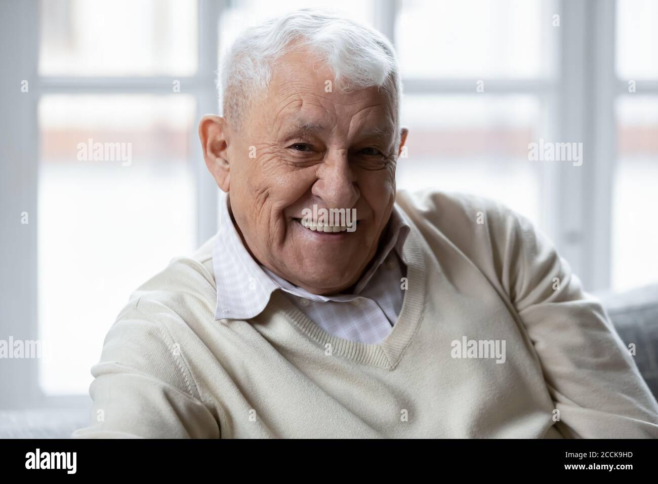 Ritratto di felice anziano anni 80 pensionato uomo che si rilassa sul divano. Foto Stock