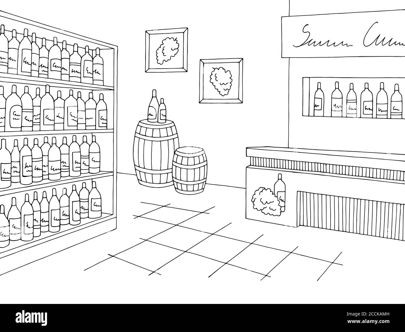 Enoteca negozio interno nero bianco disegno grafico illustrazione vettore Illustrazione Vettoriale