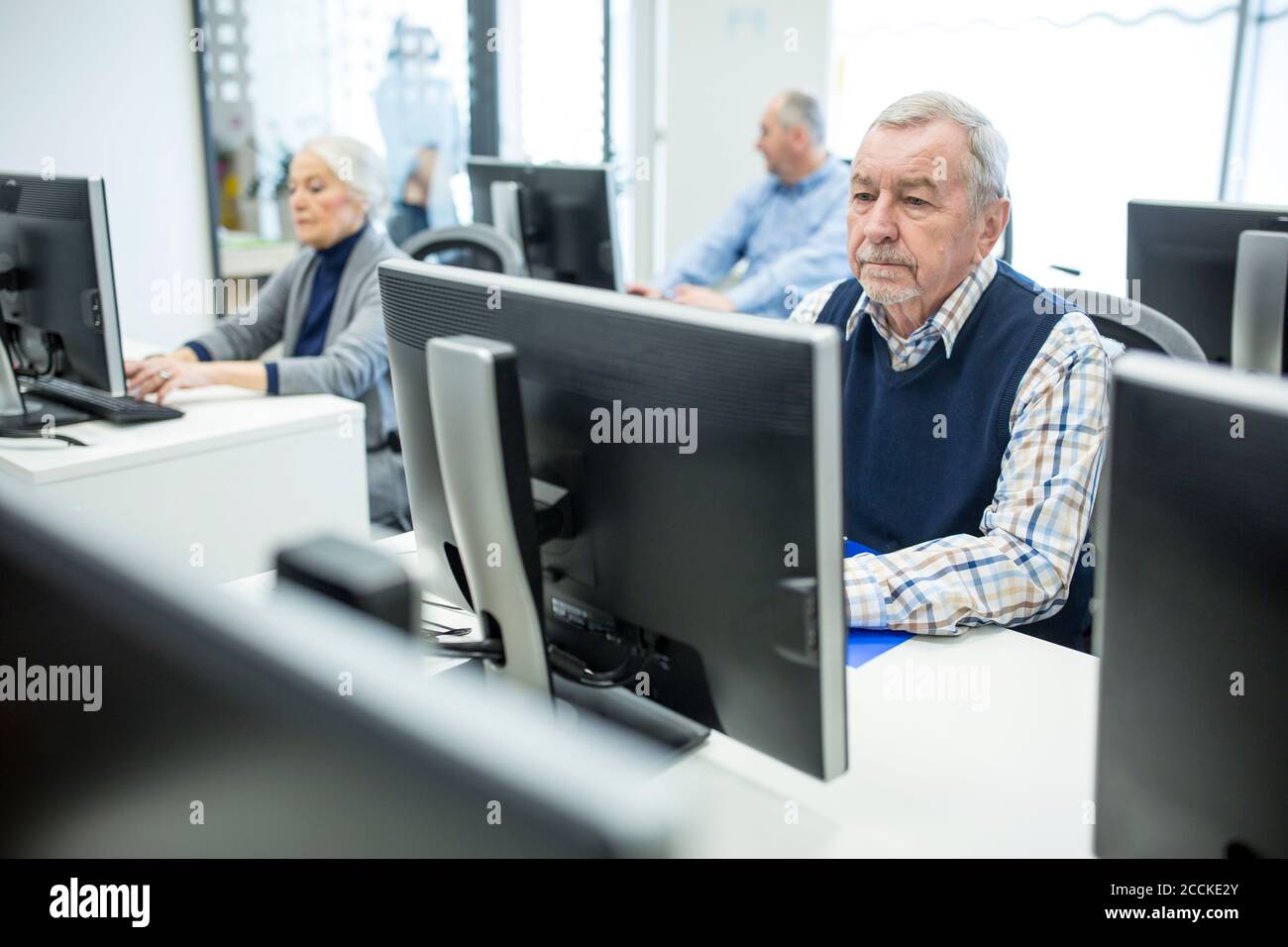 Anziani attivi che frequentano il corso sul computer, lavorando sul PC Foto Stock