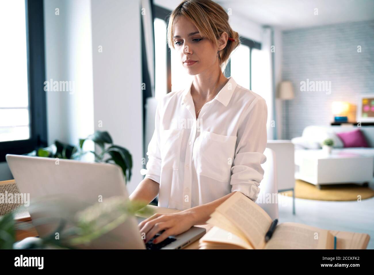 Freelance che lavora su un notebook a casa Foto Stock