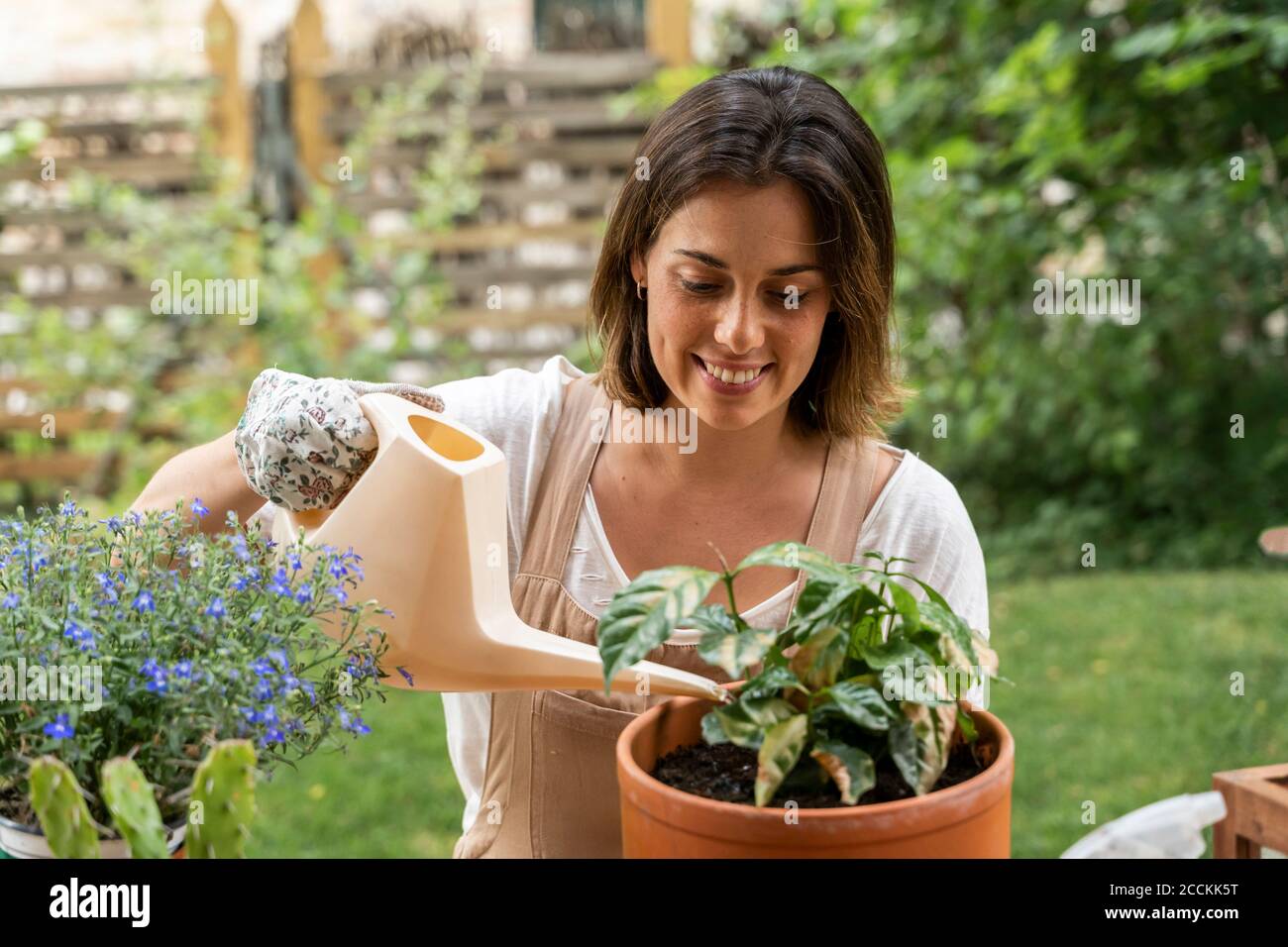 Sorridente giovane donna annaffiatura vaso pianta in cortile durante coprifuoco Foto Stock