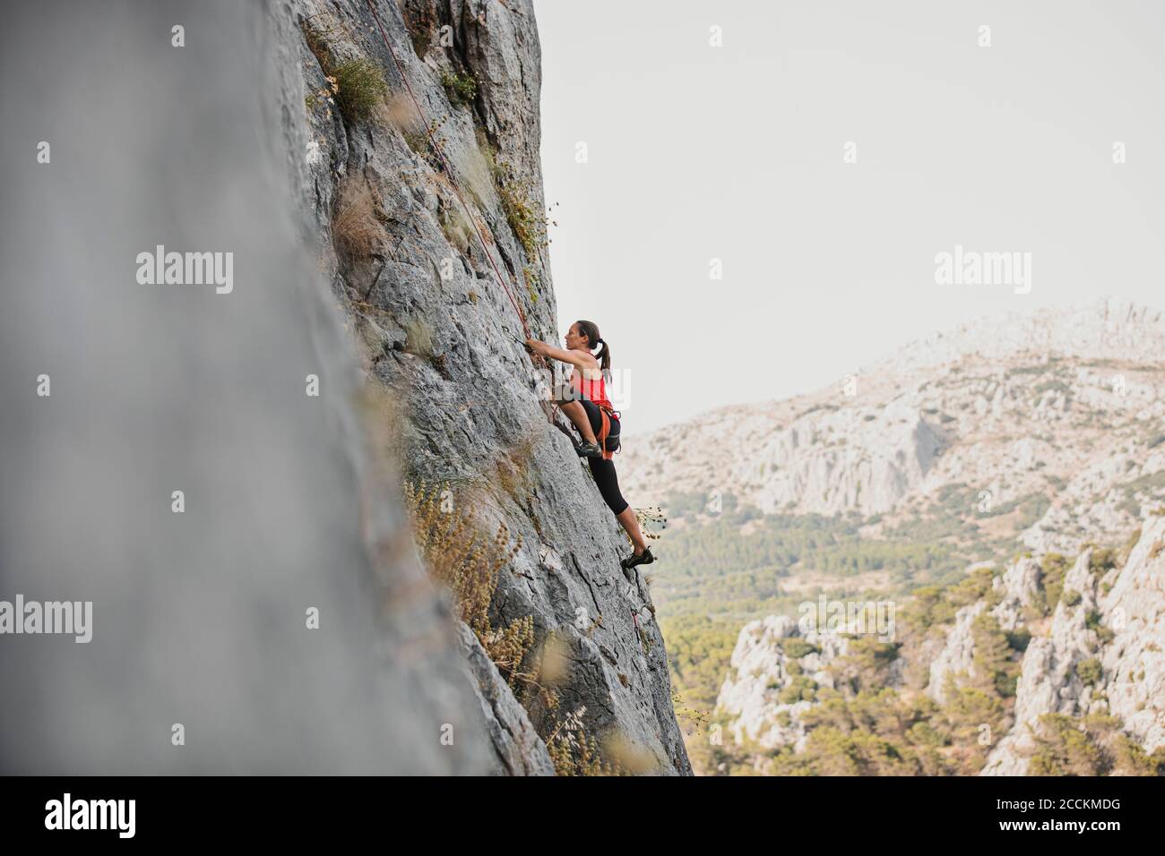 Arrampicata femminile su roccia in montagna contro il cielo limpido Foto Stock