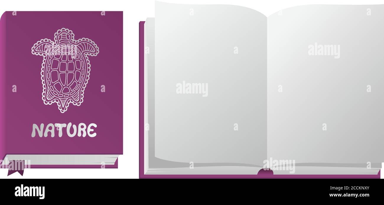 Belle icone con libro viola aperto e chiuso con tartaruga su sfondo bianco Illustrazione Vettoriale