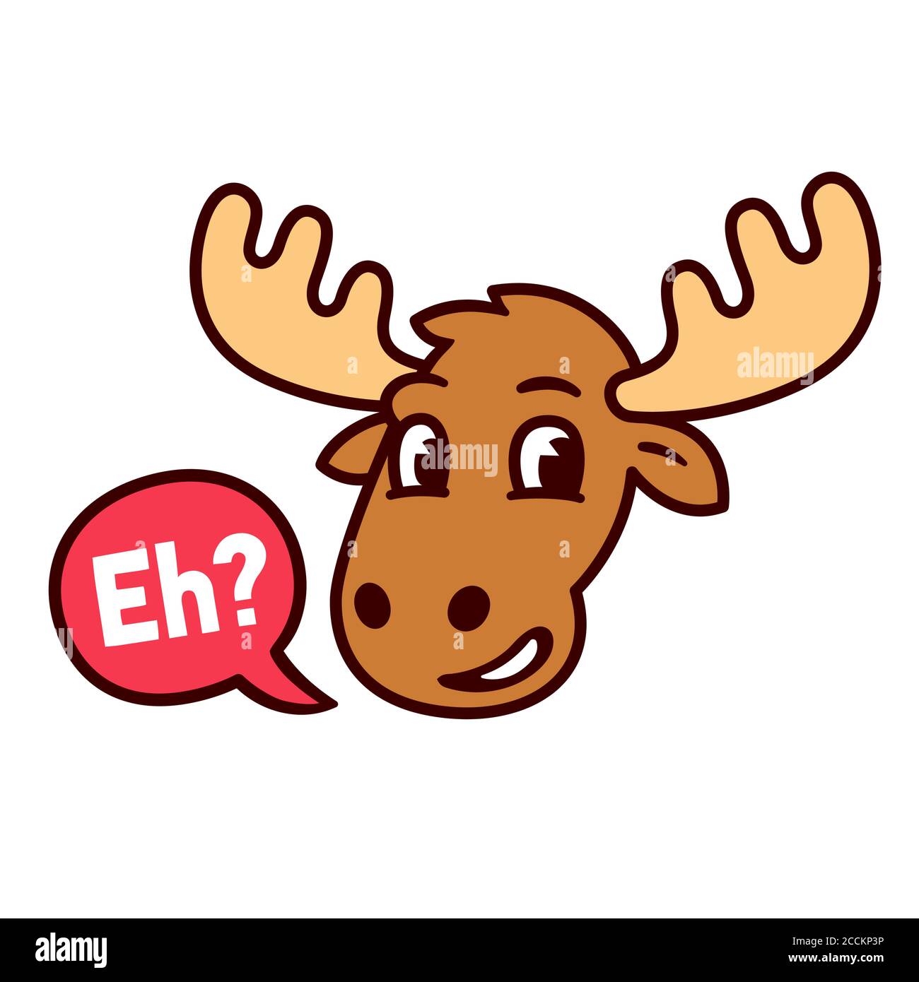 Divertente fumetto canadese alce con bolla di parola che dice 'EH?' Simbolo del Canada, illustrazione grafica vettoriale Illustrazione Vettoriale