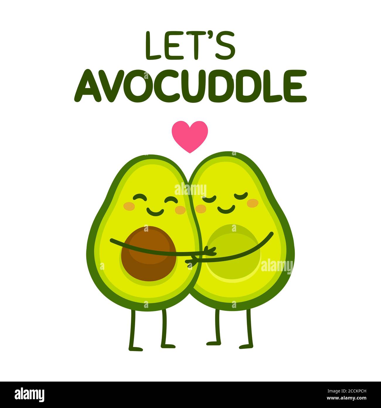 Carino cartone animato avocado coppia con testo Let's Avocuddle. Due metà avocado innamorate, il biglietto d'auguri di San Valentino. Illustrat vettore isolato Illustrazione Vettoriale