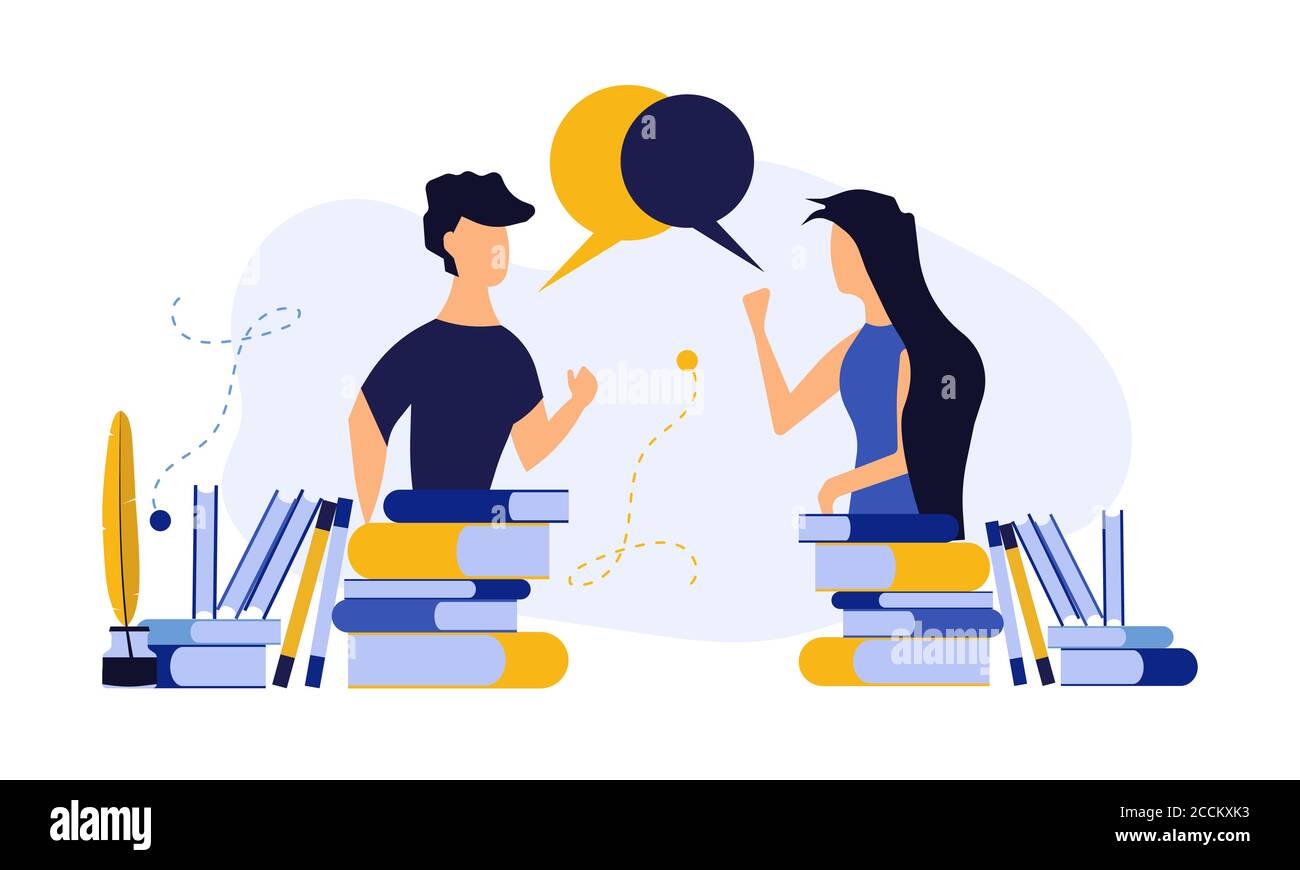 Comunicazione di persona vettoriale con illustrazione di concetto di donna e uomo. I social network si collegano alle persone con la chat tecnologica. Gioco di squadra Bubble Comm Illustrazione Vettoriale