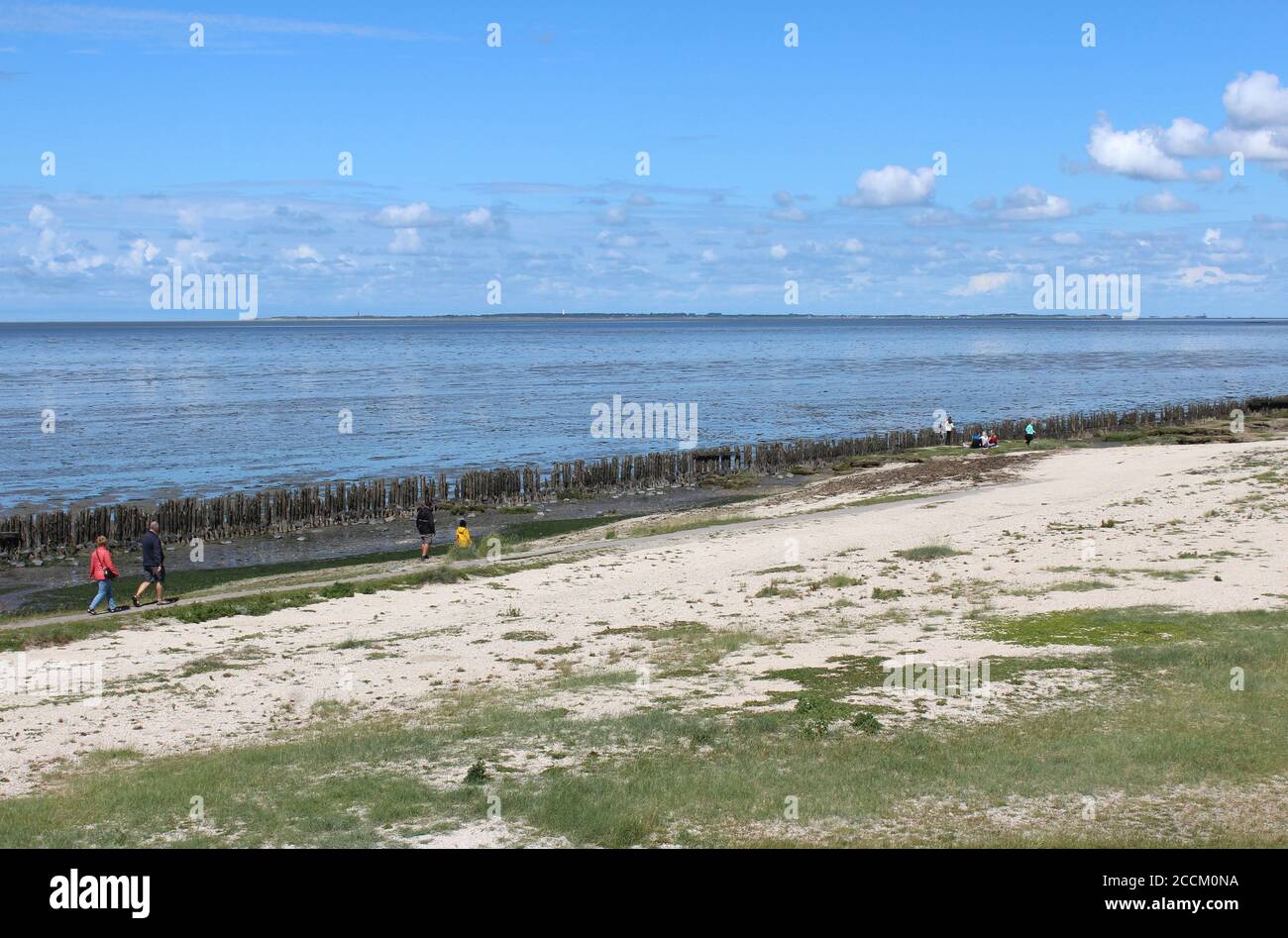 MODDERGAT, PAESI BASSI, 21 LUGLIO 2020: I turisti camminano lungo la spiaggia a bassa marea a Moddergat sul mare di Wadden. Moddergat è un piccolo villaggio di Friesl Foto Stock
