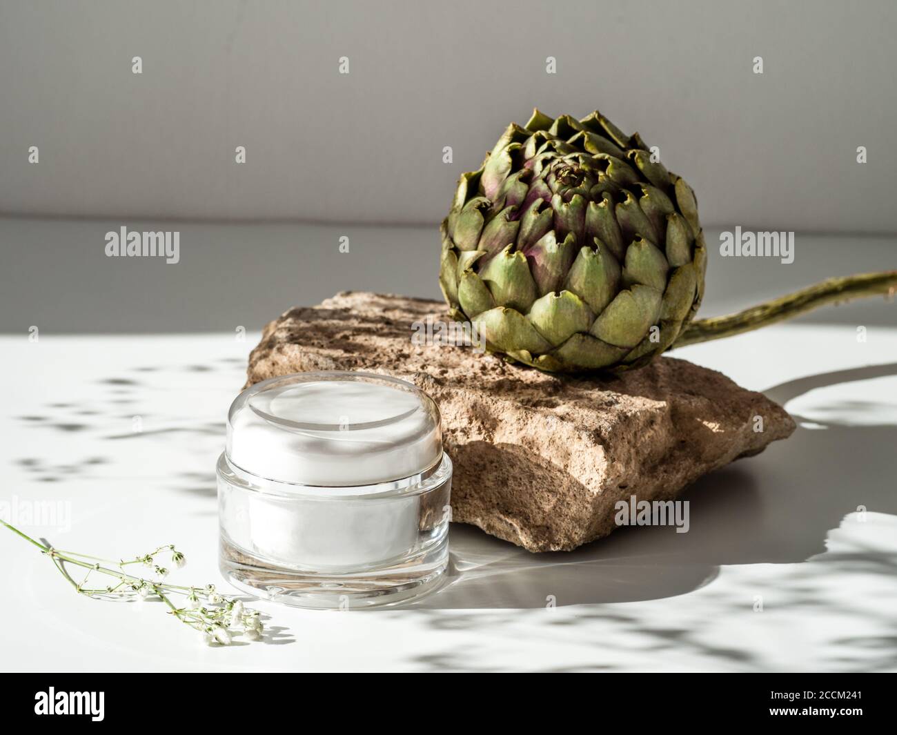 Mockup crema con podio geometrico. Forma in pietra con fiore di carciofo e crema su sfondo bianco. Spazio di copia Foto Stock