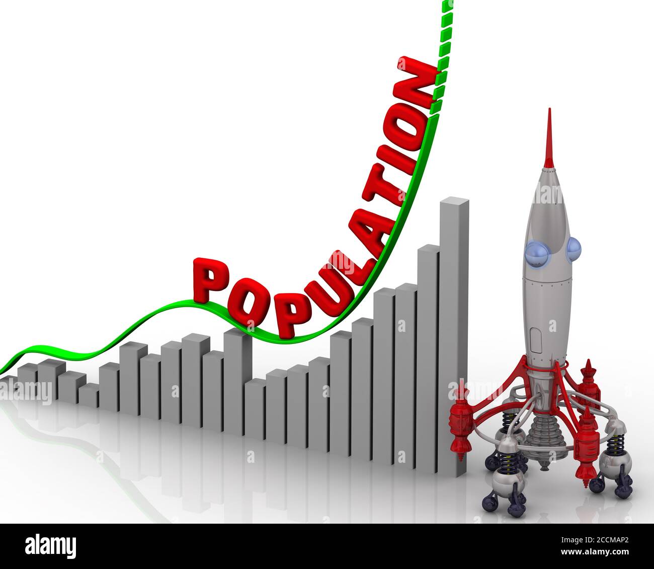 Il grafico della crescita della popolazione. Grafico di rapida crescita con popolazione di parole rosse e razzo. Illustrazione 3D Foto Stock