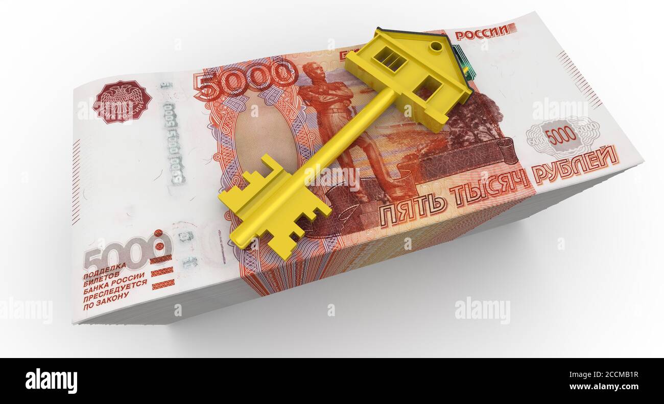 Denaro per l'acquisto di beni immobili. La chiave d'oro nella forma della casa si trova su una pila di banconote di rublo russo. Illustrazione 3D Foto Stock