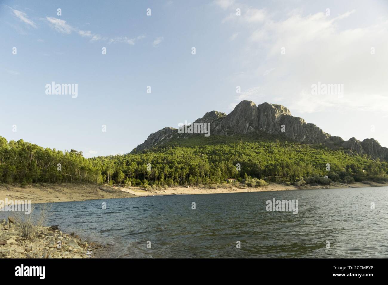 Splendida vista su una costa boscosa con scogliere sulla orizzonte Foto Stock