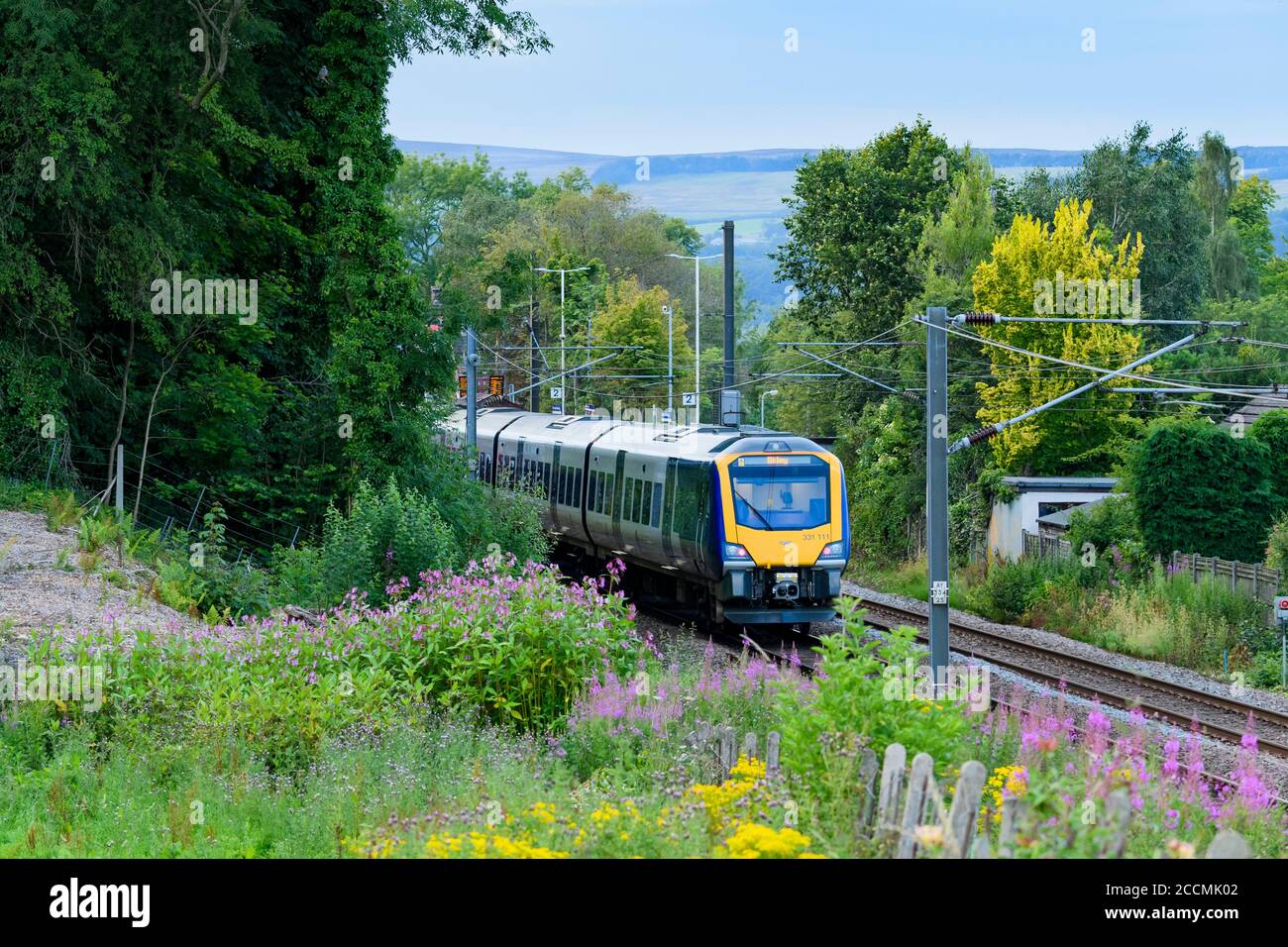 Treno di servizio passeggeri locale della Northern Rail 331 che viaggia sulle piste ferroviarie della Wharfedale Line verso la stazione rurale del villaggio - Burley, Yorkshire, Inghilterra, Regno Unito Foto Stock