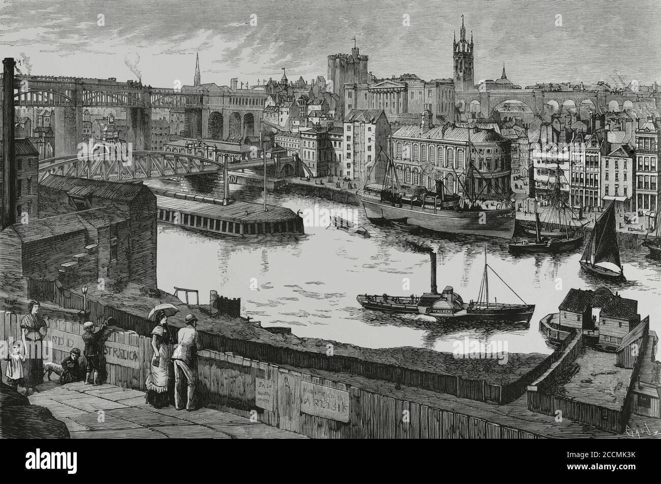 Regno Unito, Inghilterra, Newcastle. Vista della città sulle rive del fiume Tyne. Importante centro commerciale e di produzione. Incisione di Tomas Carlos Capuz (1834-1899). La Ilustracion Española y americana, 1881. Foto Stock