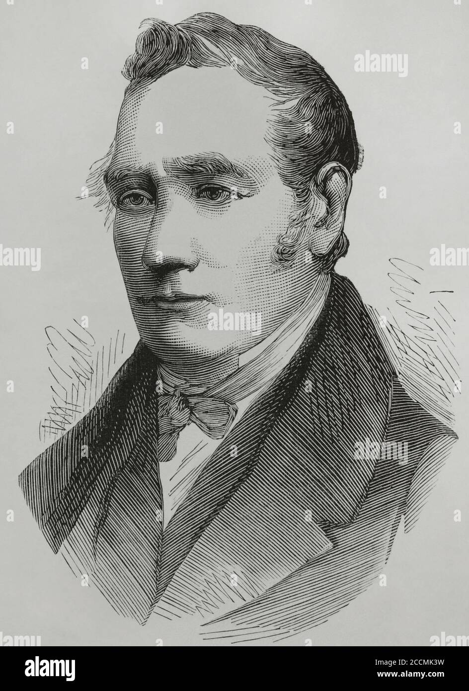 George Stephenson (1781-1848). Ingegnere britannico e inventore principale della locomotiva ferroviaria. Realizzata da George Setphenson e dalla compagnia Robert Stephenson and Company di suo figlio Robert, la locomozione n. 1 fu la prima locomotiva a vapore a trasportare passeggeri su una linea ferroviaria pubblica, la Stockton e la Darlington Railway nel 1825. Verticale. Incisione. La Ilustracion Española y americana, 1881. Foto Stock