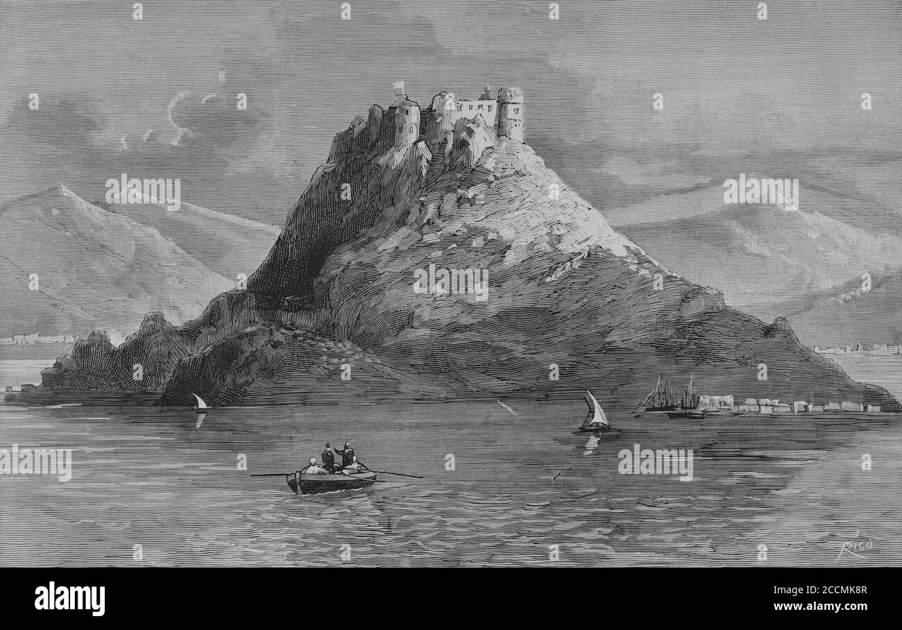 Ingresso dell'esercito francese in territorio tunisino. Trovando pochissima resistenza, fu proclamato protettorato francese della Tunisia (dal 12 maggio 1881 al 20 marzo 1956). Spedizione francese in Tunisia. Forte sull'isola di Tabarka. Durante la guerra fu bombardata dalla fregata francese 'Surveillante' il 26 aprile 1881. Incisione di Bernardo Rico (1825-1894). La Ilustracion Española y americana, 1881. Foto Stock