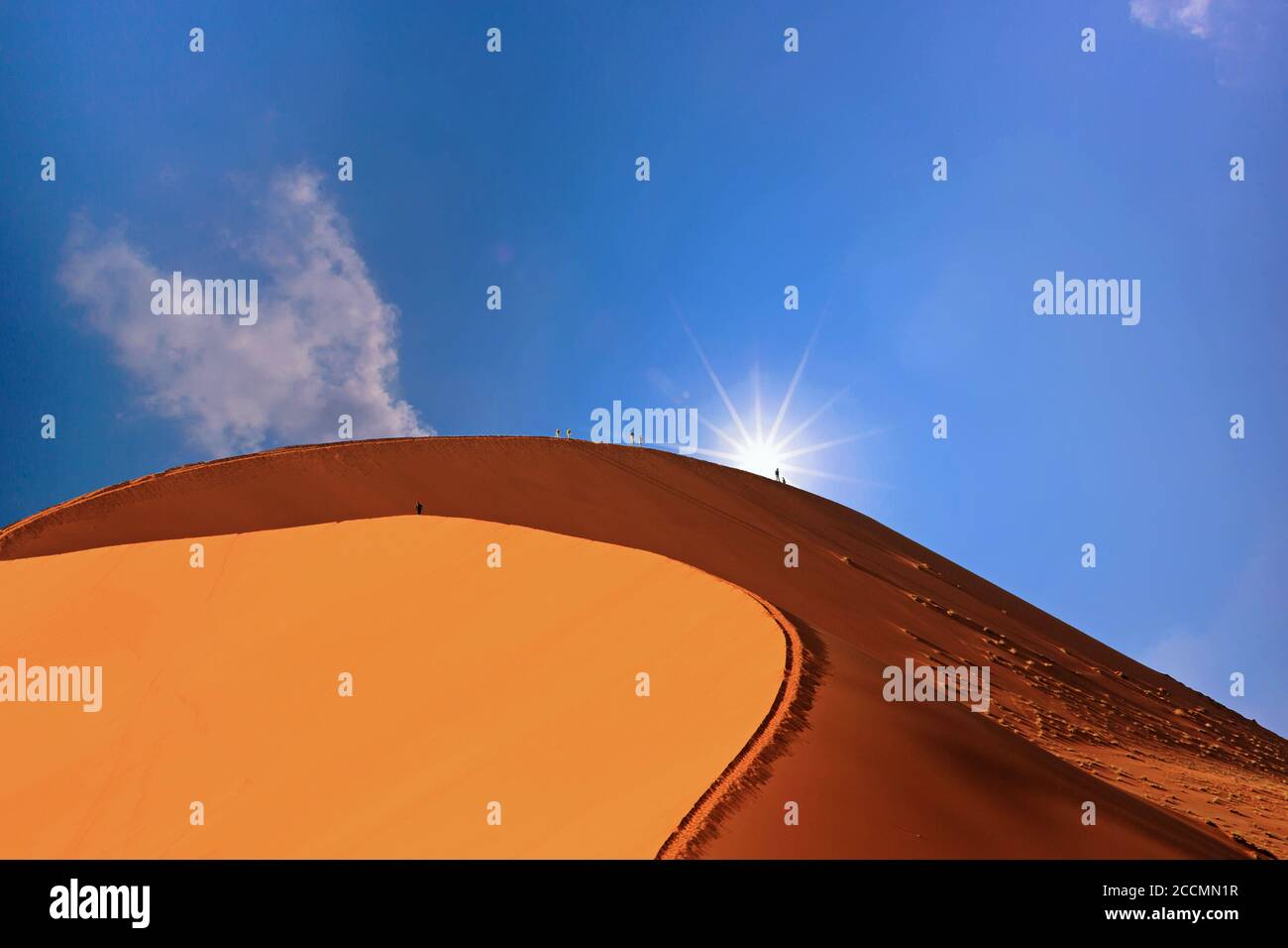 Dune 45 a Sossusvlei, Namib Sesert, con un cielo blu luminoso e il sole che pepa sulla cima Foto Stock