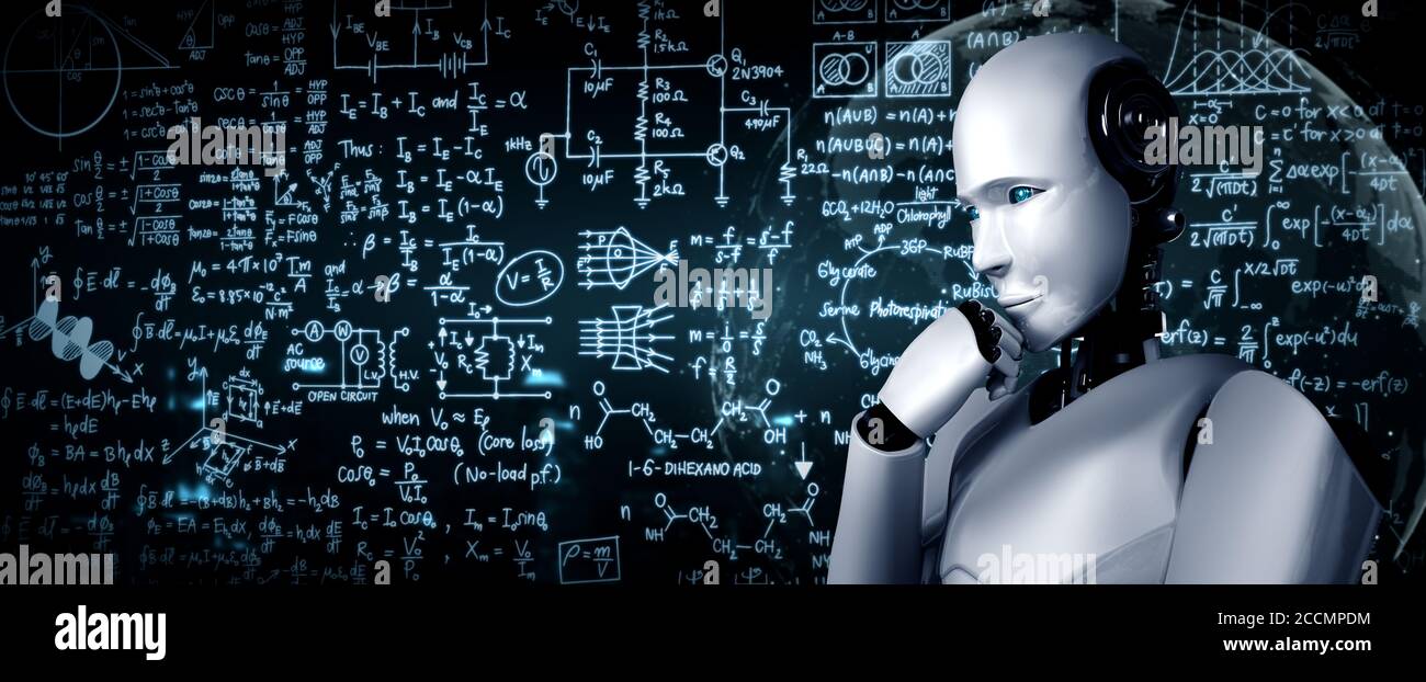 Thinking ai humanoid robot analisi schermo di matematica formula e. scienza Foto Stock