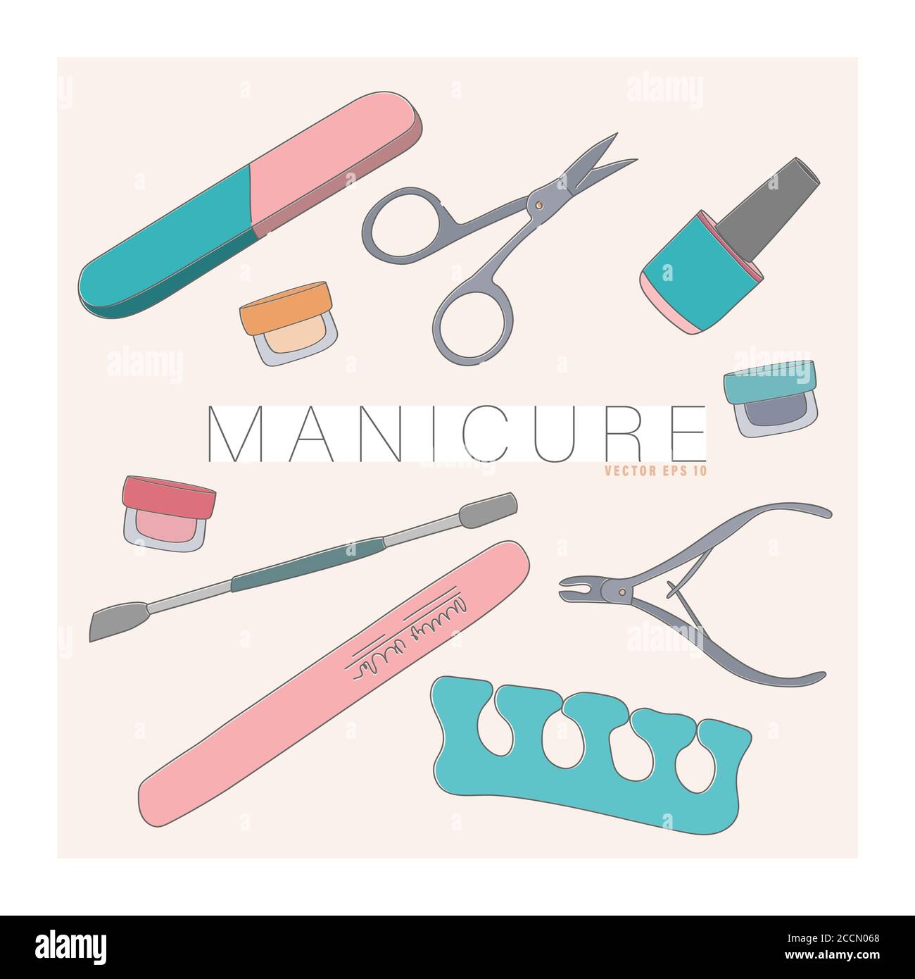 Set di strumenti vettoriali per manicure. Forbici, lima, smalto per unghie, pinzette per cuticole. Illustrazione Vettoriale