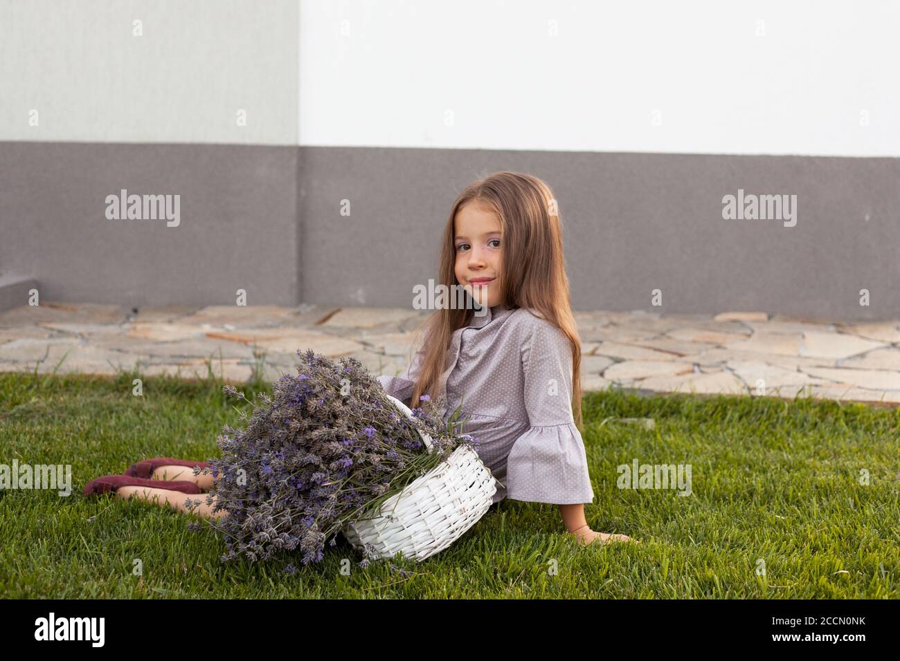 Adorabile bambino in abito grigio che tiene in mano la corazza di lavanda cestello bianco Foto Stock