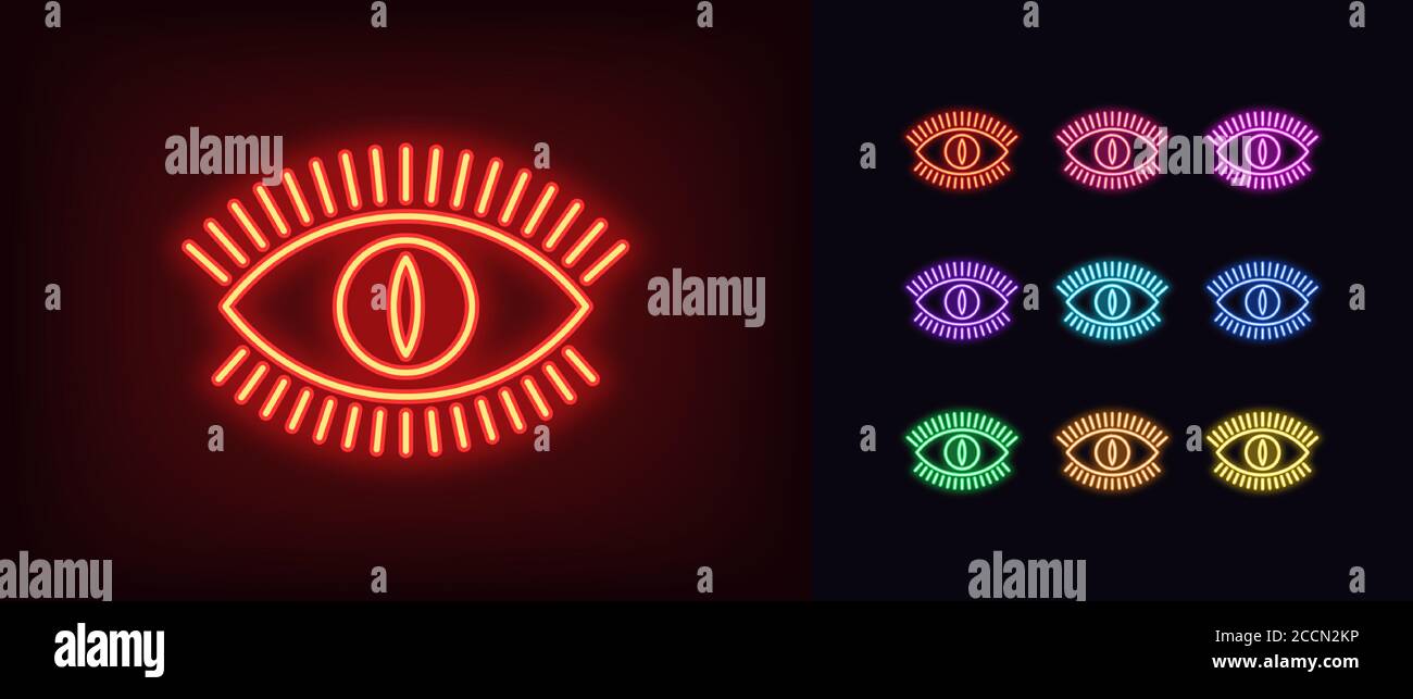 Icona del neon Devil eye. Il simbolo luminoso dell'occhio al neon con l'iride del mostro, la visione malvagia in colori vivaci. Vista della bestia mistica, sguardo del demone, sguardo dell'inferno. Set di icone, segno, Illustrazione Vettoriale